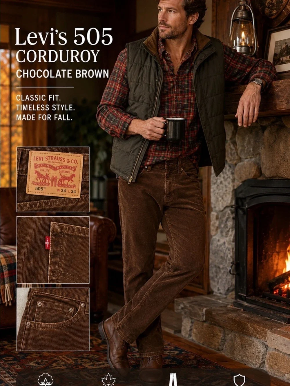 LEVI’S 505 CHOCOLATE BROWN CORDUROY PANTS MEN’S 34X34 FALL WORKWEAR CABIN CORE
